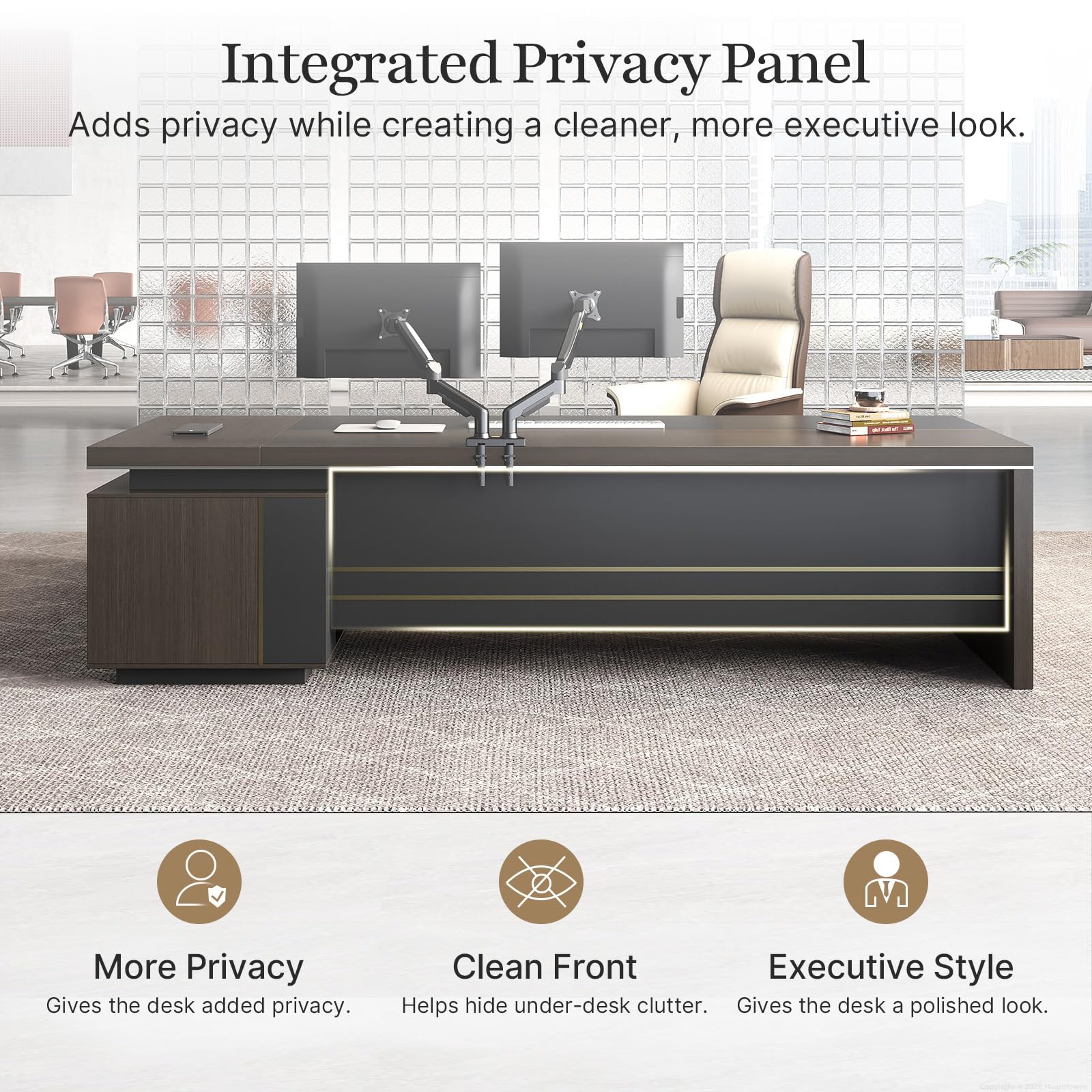 Huariifowm 79" L-Shaped Executive Desk with Reversible Return, Large Office Desk for Manager Office, Power Hub with USB-C HDMI RJ45, 3-Digit Lock Drawer, Storage Shelves and Privacy Panel, Gray Walnut