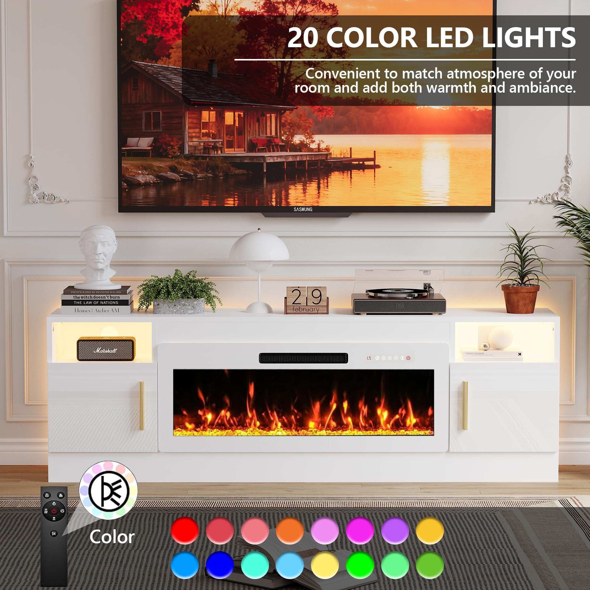 KENAINALU Fireplace TV Stand with 40’’ Electric Fireplace, 70'' TV Media Entertainment Center with Fireplace Up to 80 inch,Modern LED TV Console with High Gloss Cabinet for Living Room
