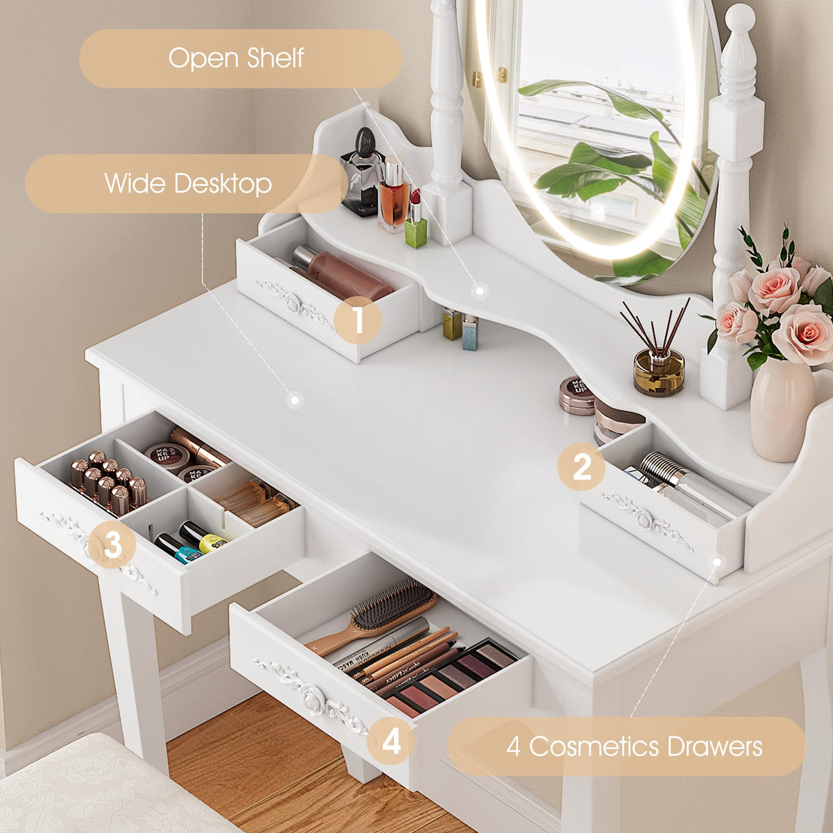 LED Mirror Vanity Desk Set