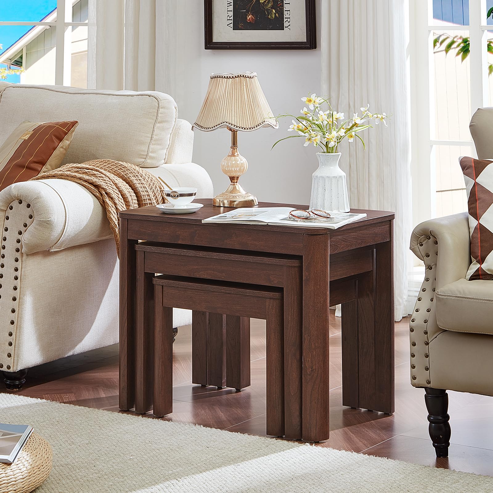 Farmhouse Nesting Coffee Tables Set of 3 – Solid Wood, Rounded Corners