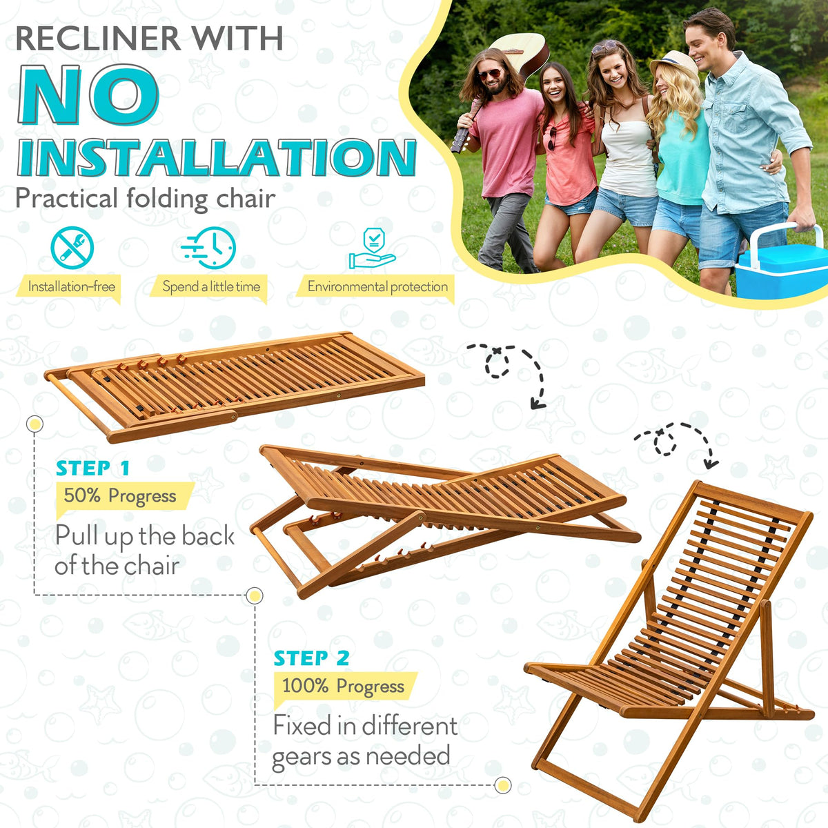 Greesum 3 Piece Patio Folding Recliner Bistro Set Acacia Wood Chairs Outdoor Chaise Lounge for Backyard Garden Pool Deck, Natural