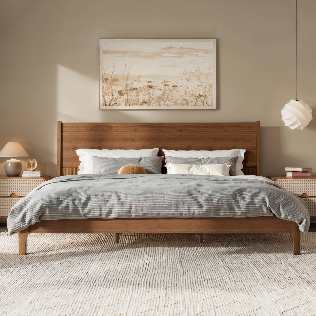 KEIKI King Size Bamboo Platform Bed with Tall Headboard, Brown