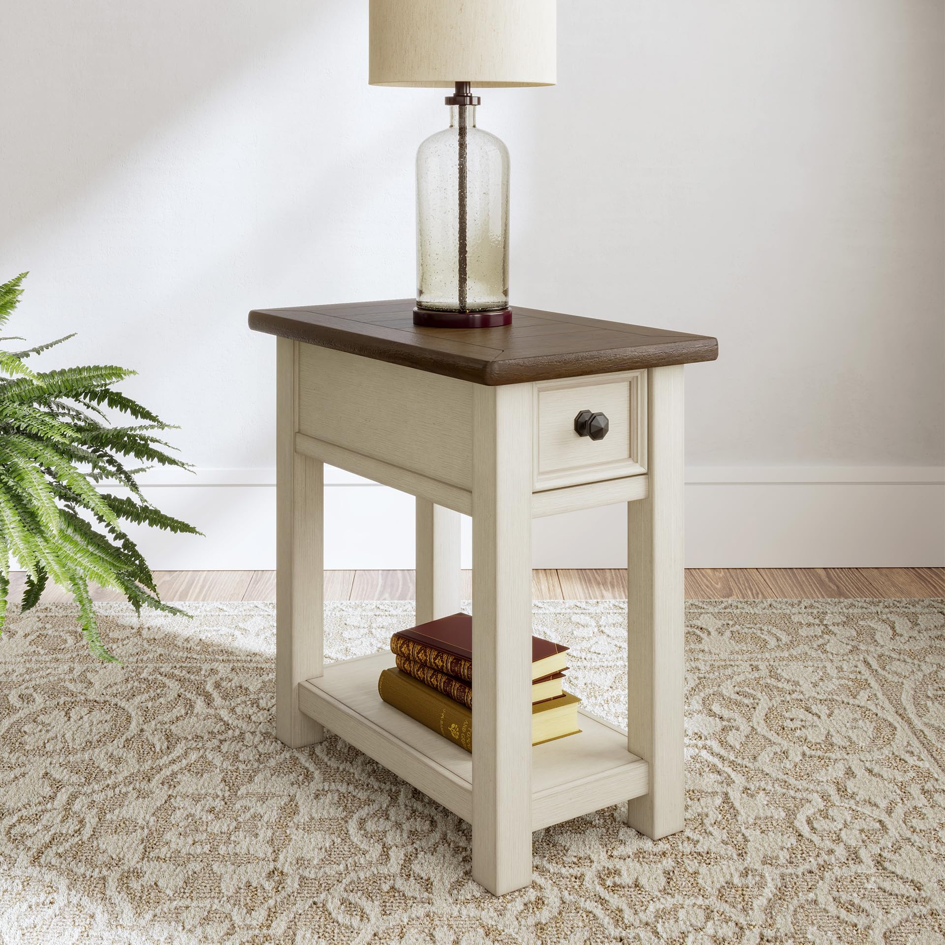 Farmhouse Chairside End Table with Charging Station & Drawer