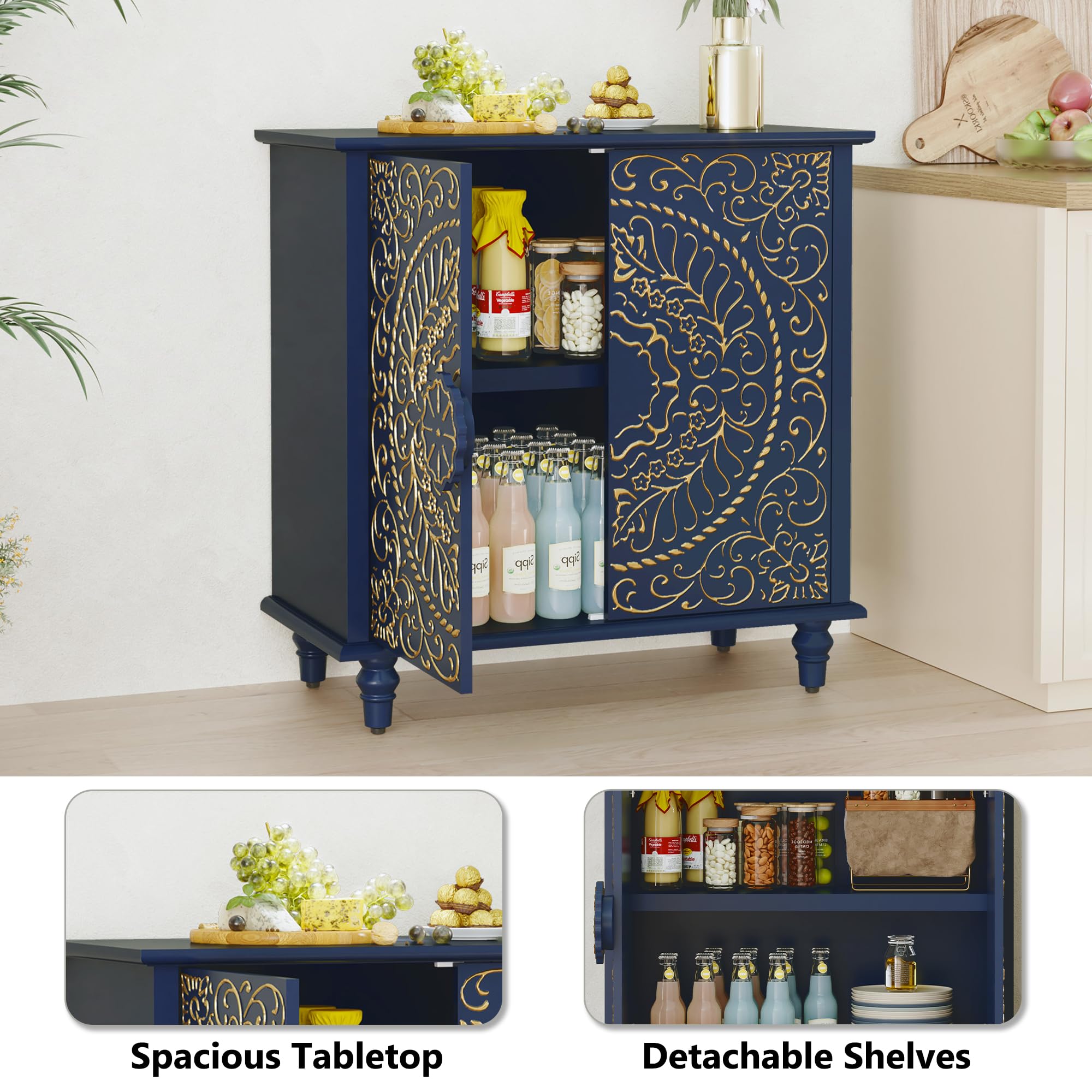 Accent Cabinet with Carved Flower Pattern Doors
