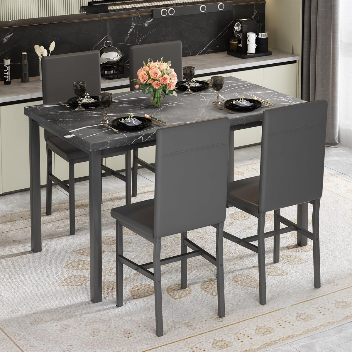 AWQM Dining Table Set for 4, Modern Faux Marble Dining Table Set with 4 Upholstered PU Leather Chairs,Dining Room Table Set for Kitchen, Breakfast Nook, Dining Room, Black