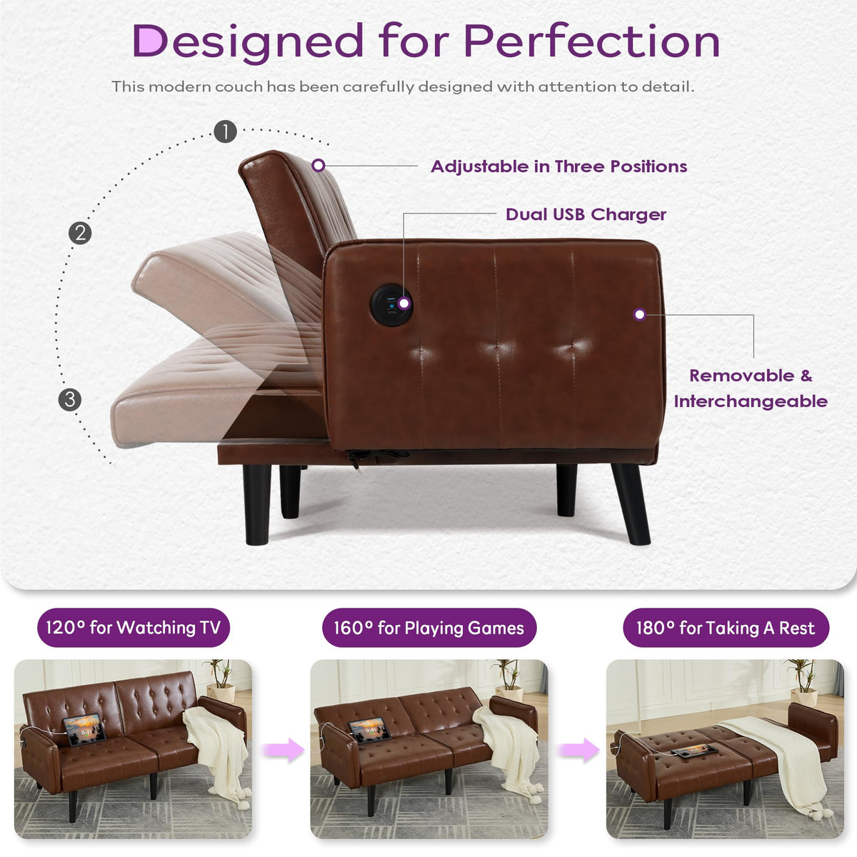 Convertible Futon Sofa Bed with USB
