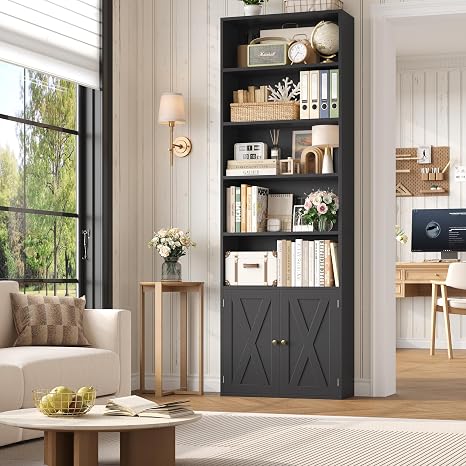 7-Tier Bookcase with Doors & Adjustable Shelves