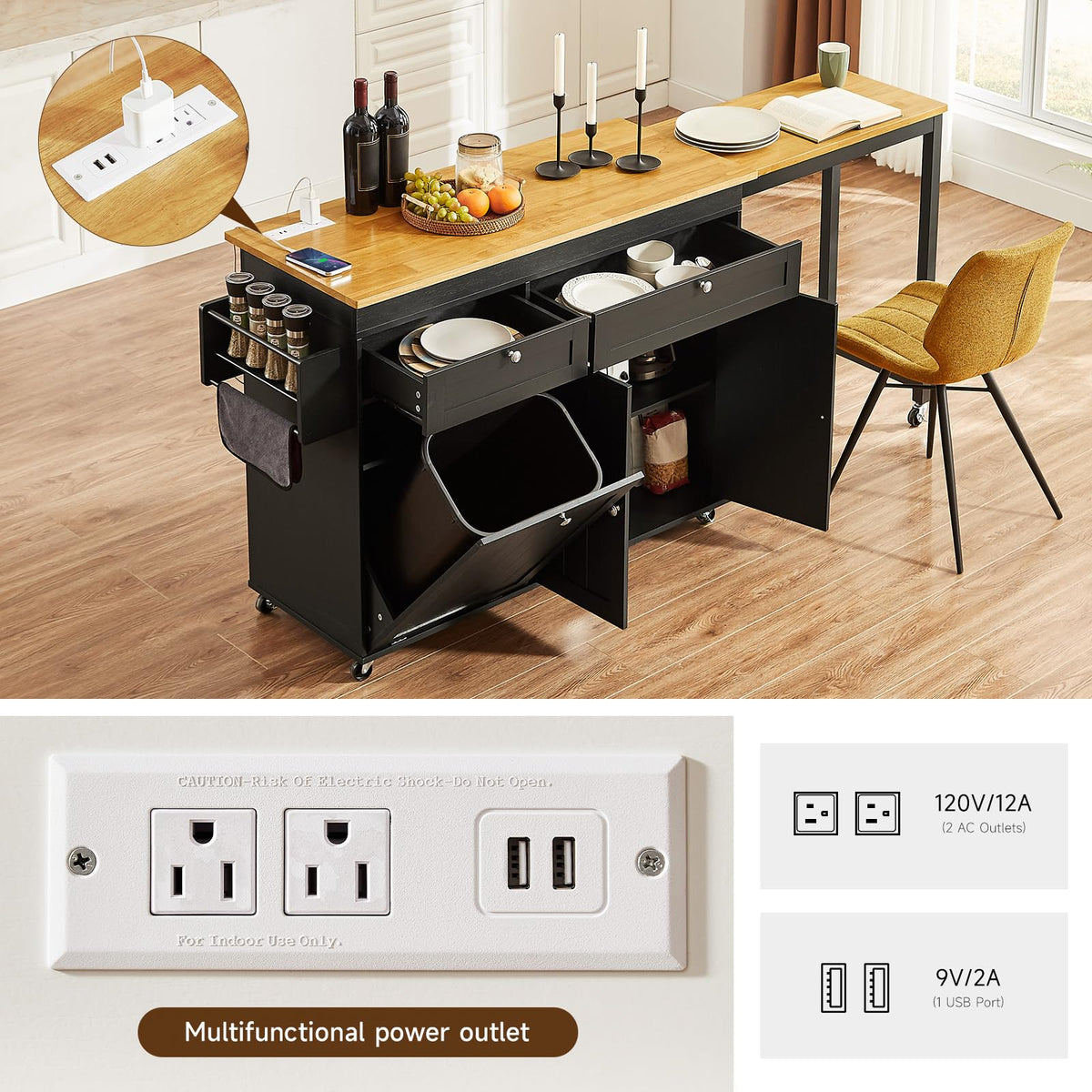 Kitchen Islands with Extendable Dining Table, Mobile Storage Islands, Black