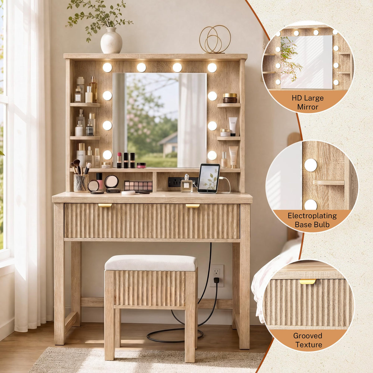 Lighted Vanity Desk with Storage Stool