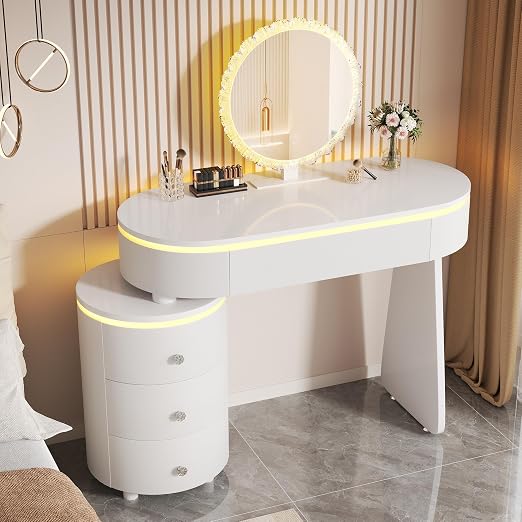 Round Vanity Desk with LED Mirror