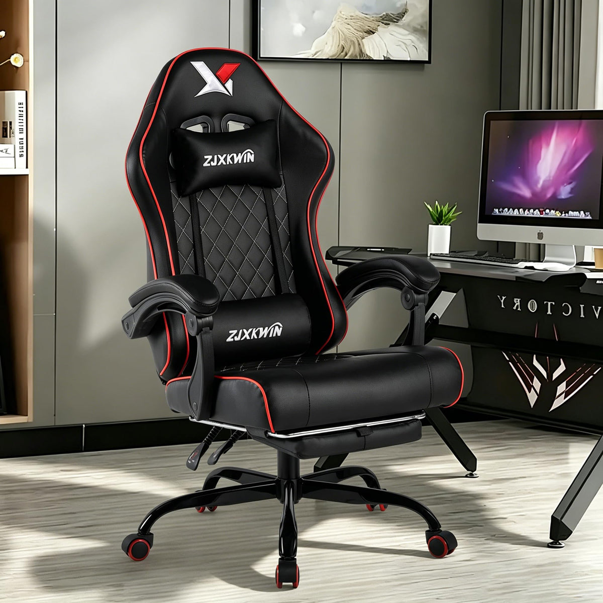 ZJXKWIN Gaming Chair with Pocket Spring Cushion, Ergonomic High Back Computer Chair with Footrest and Lumbar Support, Adjustable Height 360° Swivel Recliner, Red