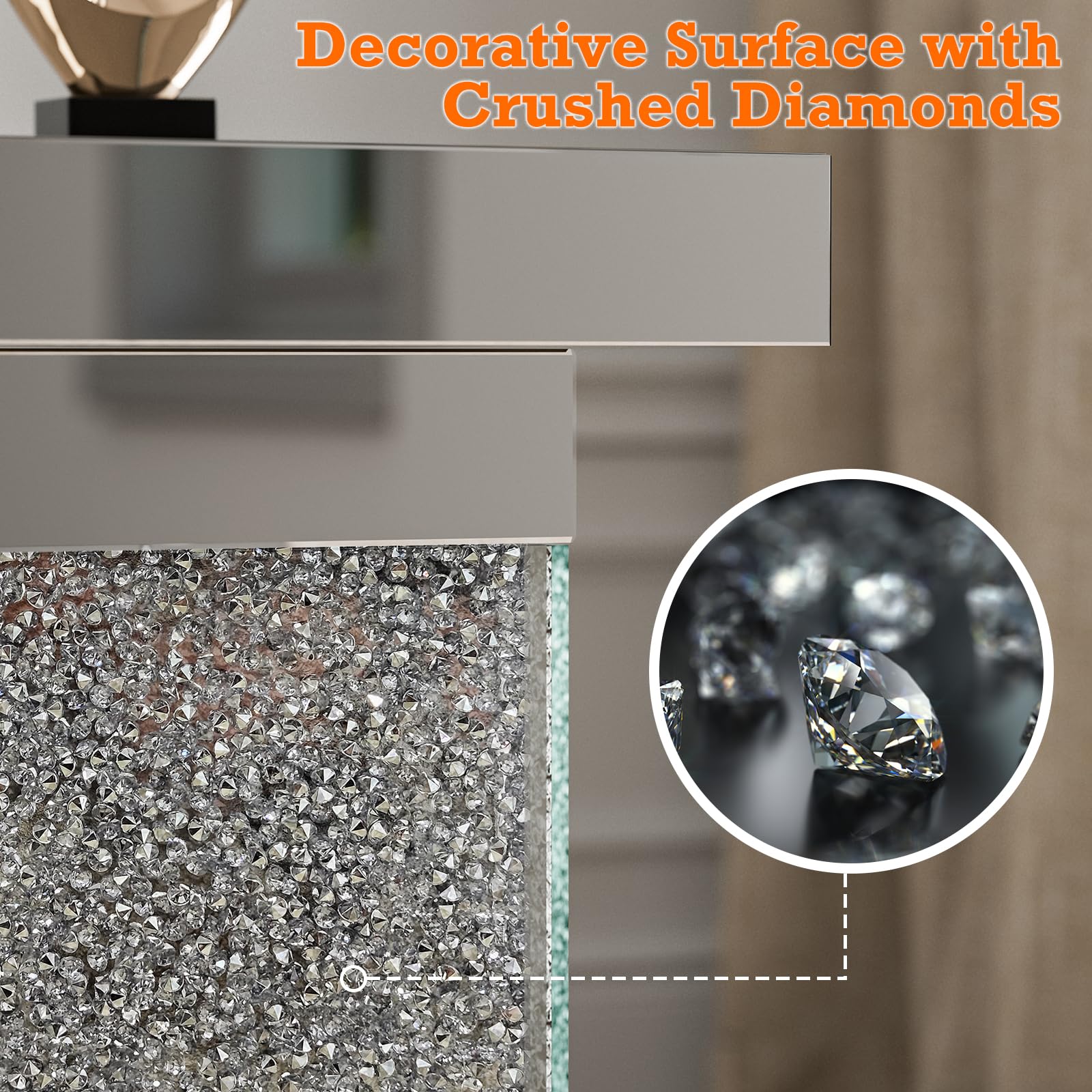 KZNGK Mirrored End Table Nightstand with LED Light, Modern LED Side Table with Crystal Diamond Inlay, Remote Control, 8 Colors Changing Light