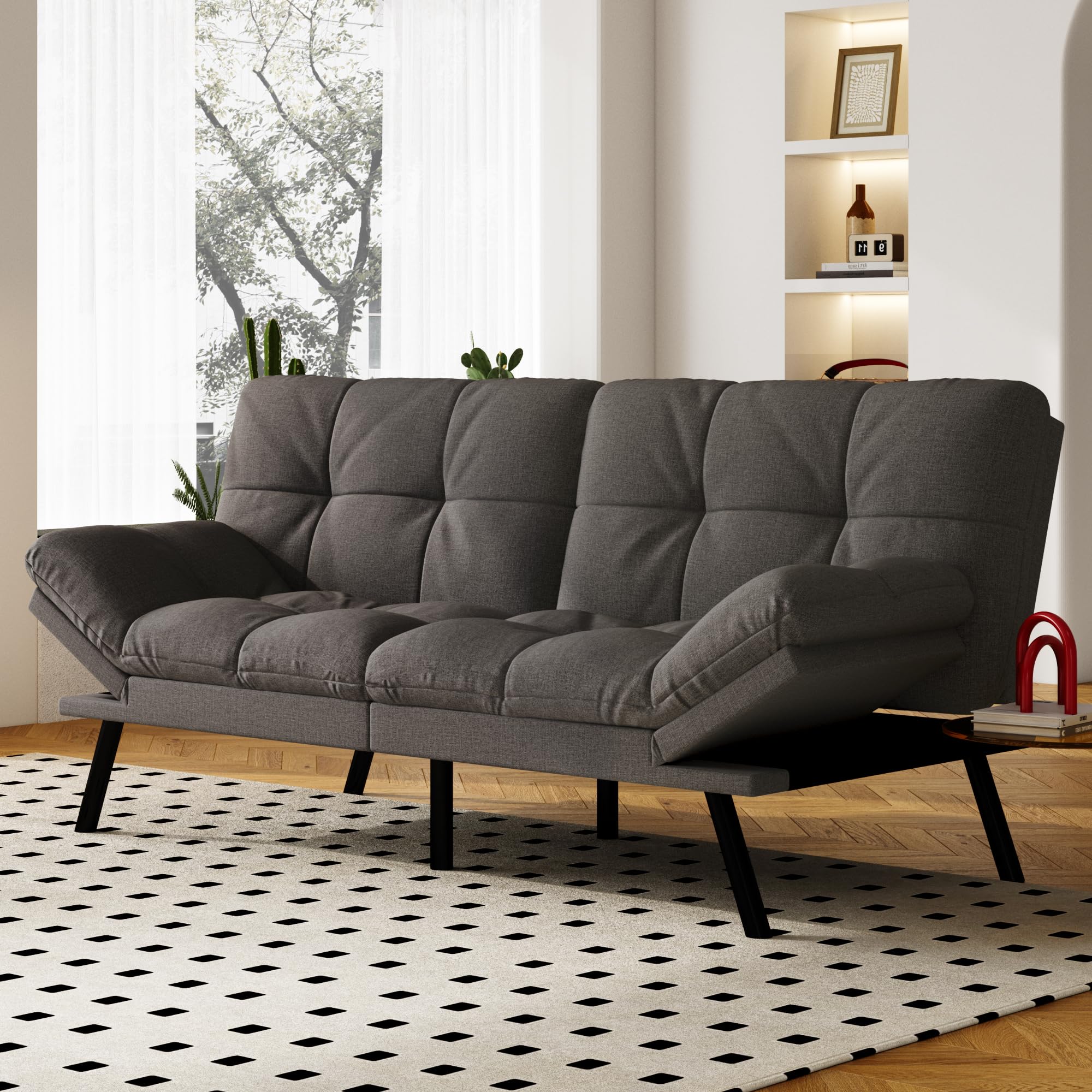 Convertible Futon Sofa Bed with Adjustable Backrest & Armrests