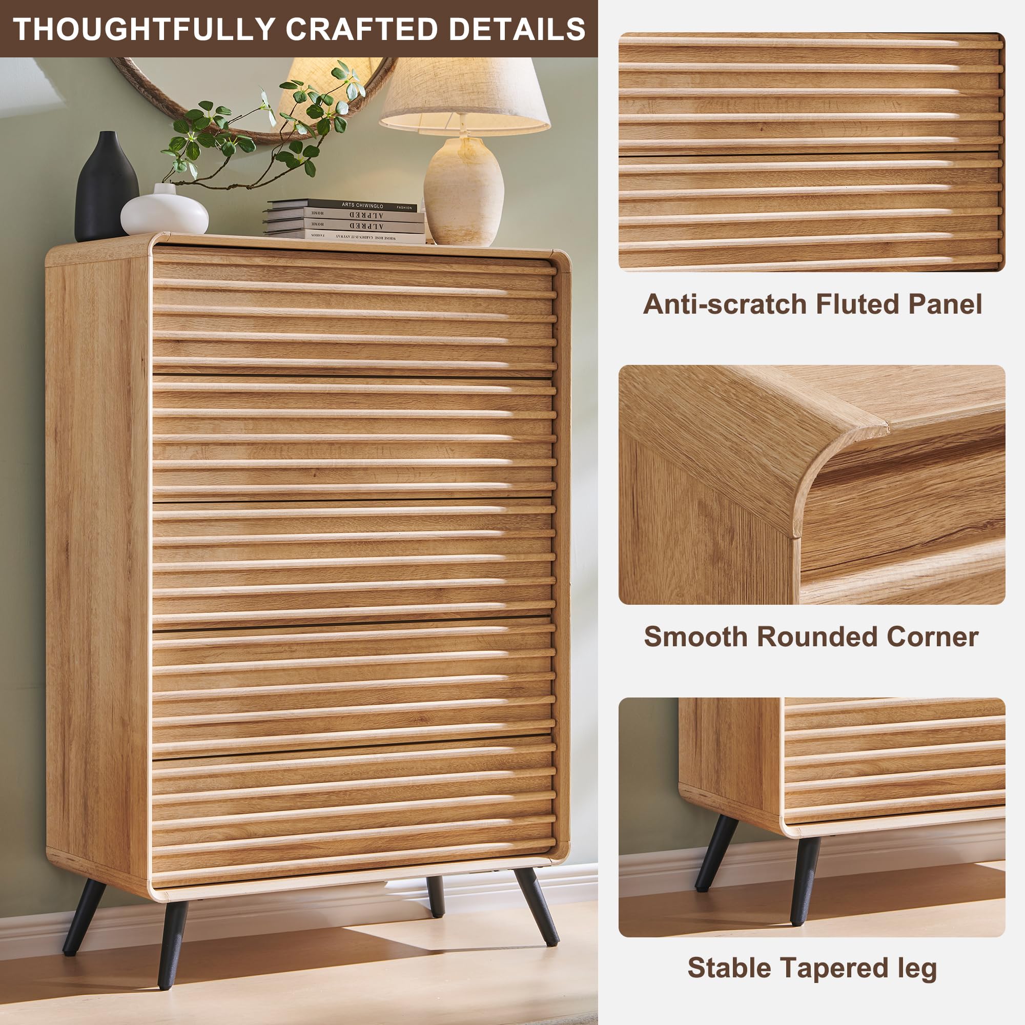 RedLemon 48'' Tall 5 Drawers Dresser for Bedroom, Mid Century Modern Wood Fluted Dresser, Chest of Drawers with Smooth Rounded Corner & Tapered Leg for Bedroom, Living Room, Oak