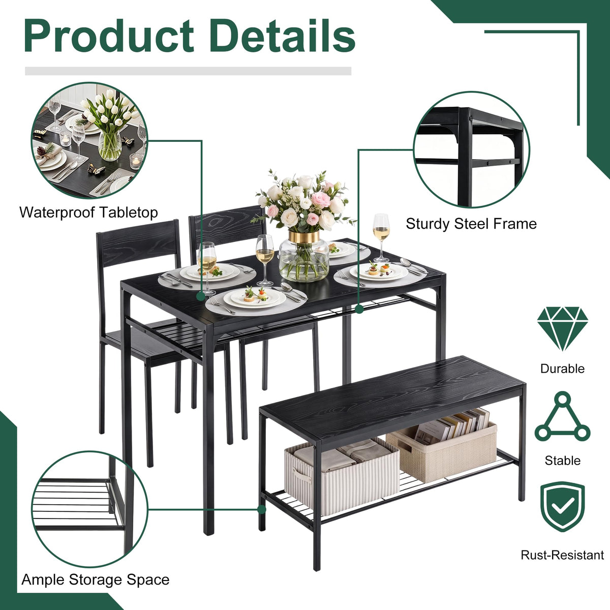 VECELO Kitchen Dining Room Table with 2 Chairs & Bench, Compact Space-Saving Design, Easy Assembly Steel Frame, Perfect for Small Apartments & Breakfast Nooks，Classic Black
