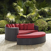 BOWERY HILL Aluminum and Rattan Patio Daybed, Espresso Frame with Red Cushions, 28.5" H x 71" W x 76" D, Outdoor UV/Water Resistant Lounge Sofa for Patio, Backyard, Poolside Use