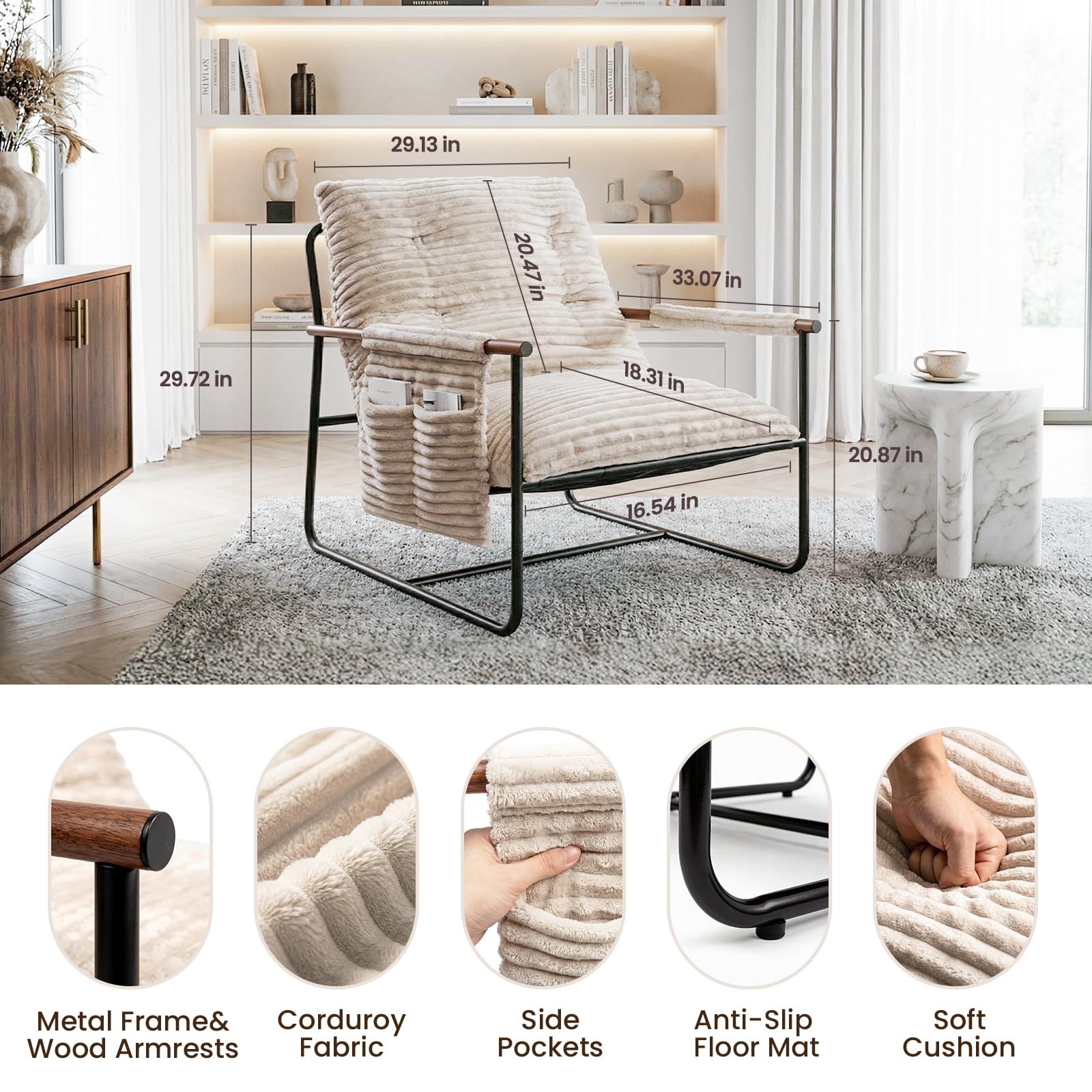 Corduroy Accent Chair with Wood Armrests