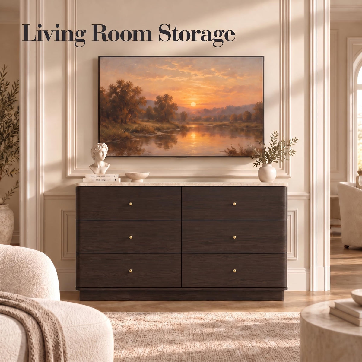 Brafab 47.5" Curved Chest of Drawers, 6 Drawer Dresser Travertine-Inspired