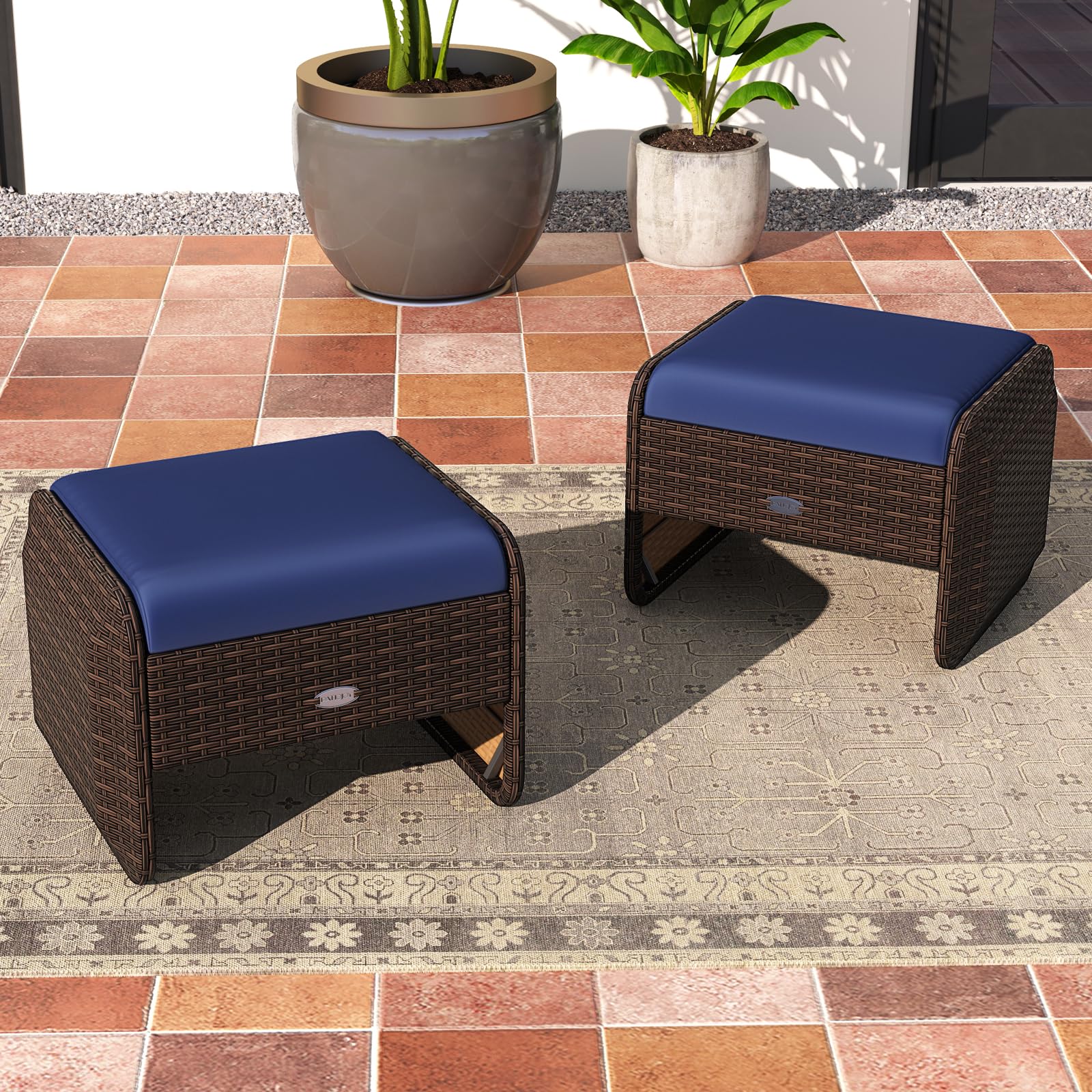 Outdoor PE Rattan Ottoman Set of 2 with Cushions