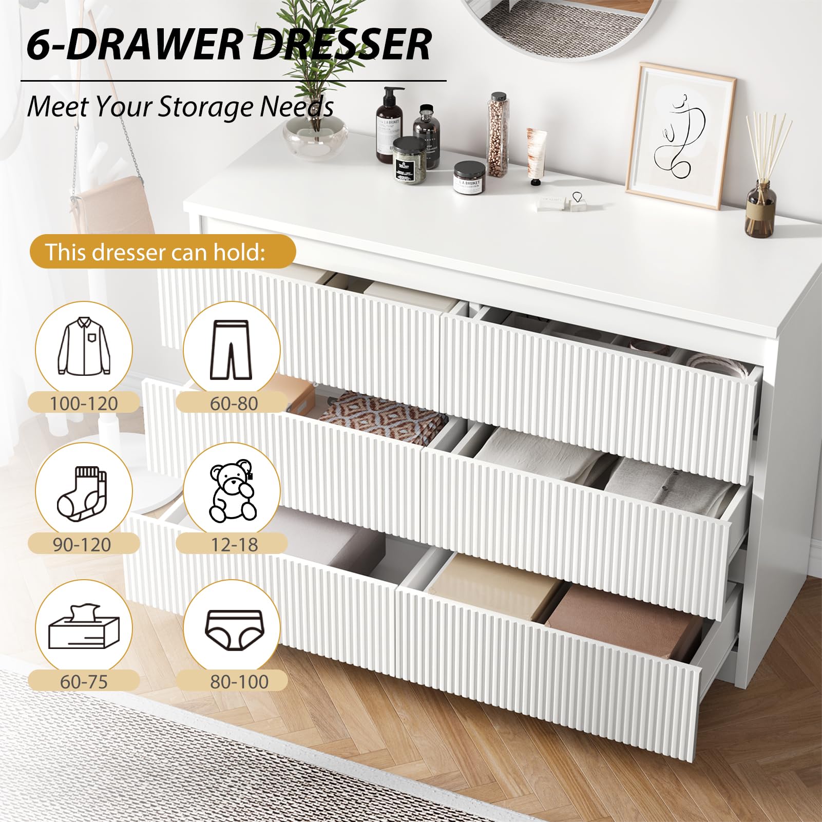 6-Drawer Fluted Dresser with Hidden Handles