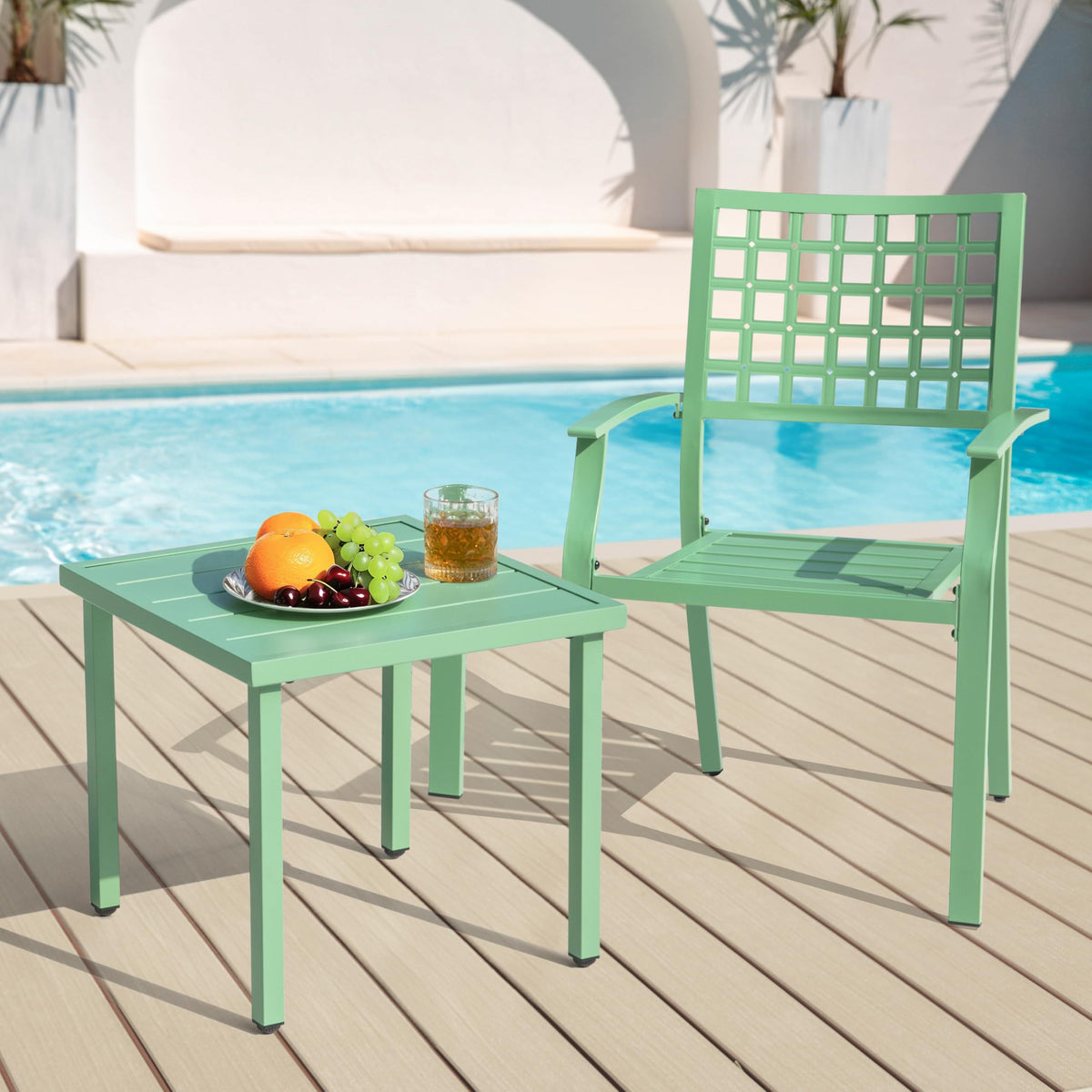 NUU GARDEN 3 Pieces Outdoor Bistro Set, All-Weather Patio Furniture with 2 Metal Stackable Chairs and Square Table, Waterproof Set for Balcony, Porch, Garden, Deck, Green