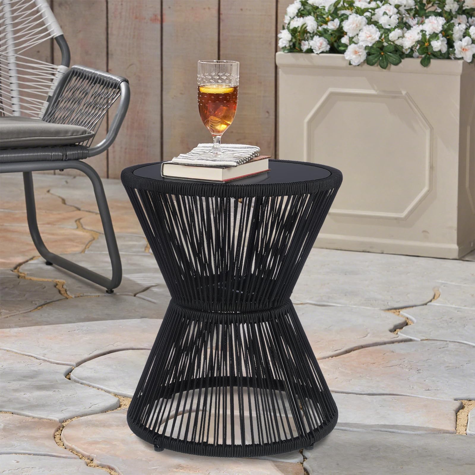 Woven Rope Outdoor Side Table with Glass Top