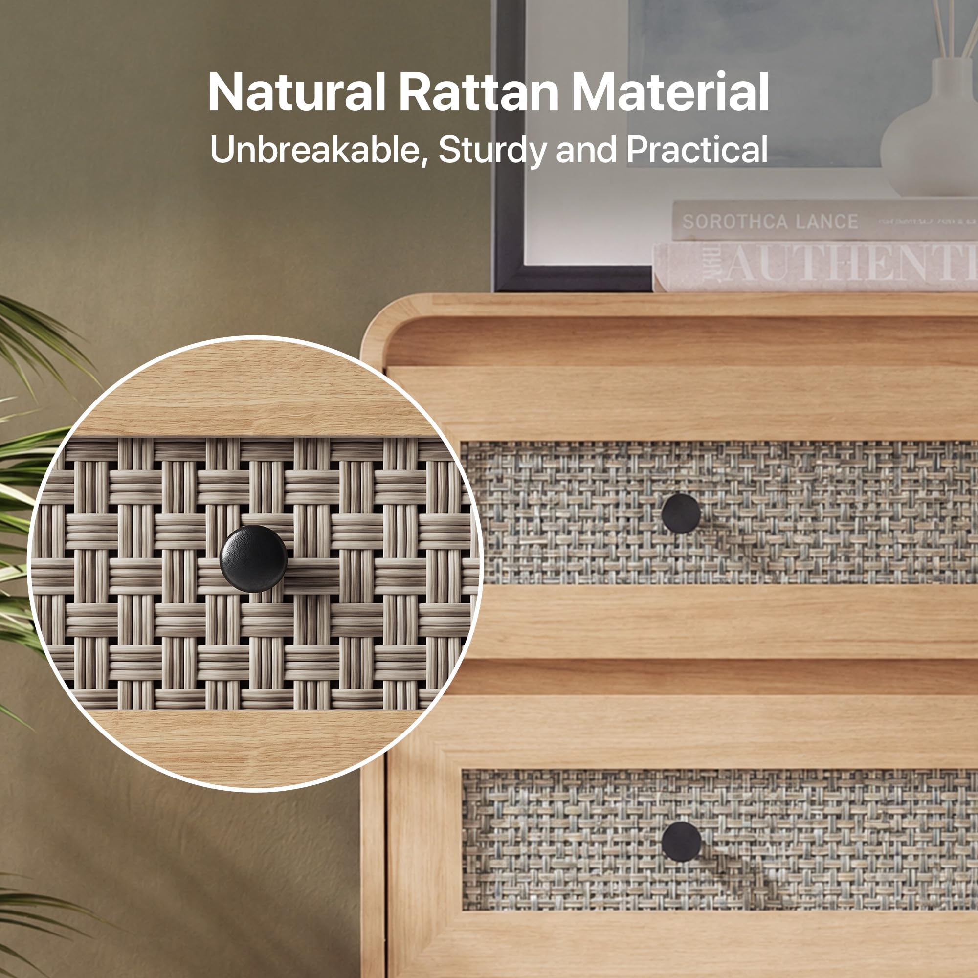 Seang Rattan 6 Drawer Dresser for Bedroom,47" Boho Chest of Drawers with Curved Profile Design,Wooden Dresser with Storage for Bedroom,Living Room,Natural