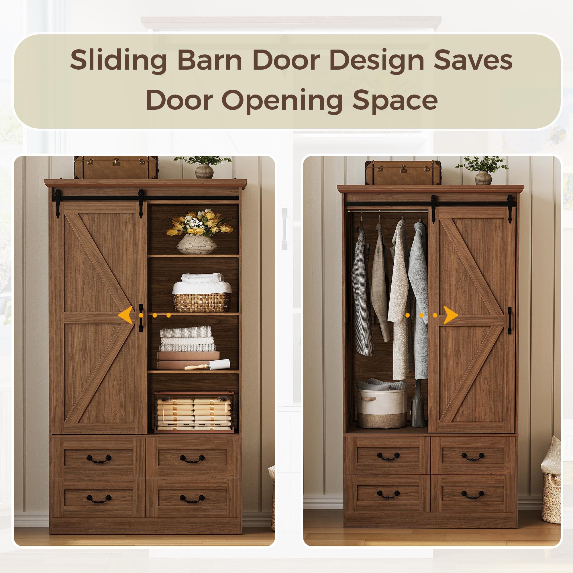 IRONCK Armoire Wardrobe Closet with 4 Drawers,71" Wardrobe Cabinet with Sliding Barn Doors, Tall Clothing Storage Cabinet with Hanging Rod and Shelves for Bedroom,Walnut