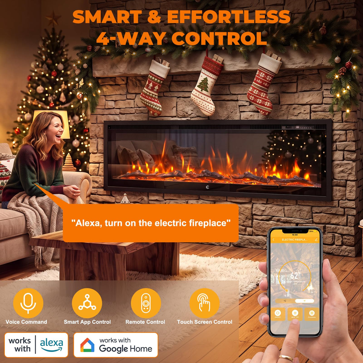 BINMIT 50 Inch Smart Electric Fireplace Insert Recessed and Wall Mounted