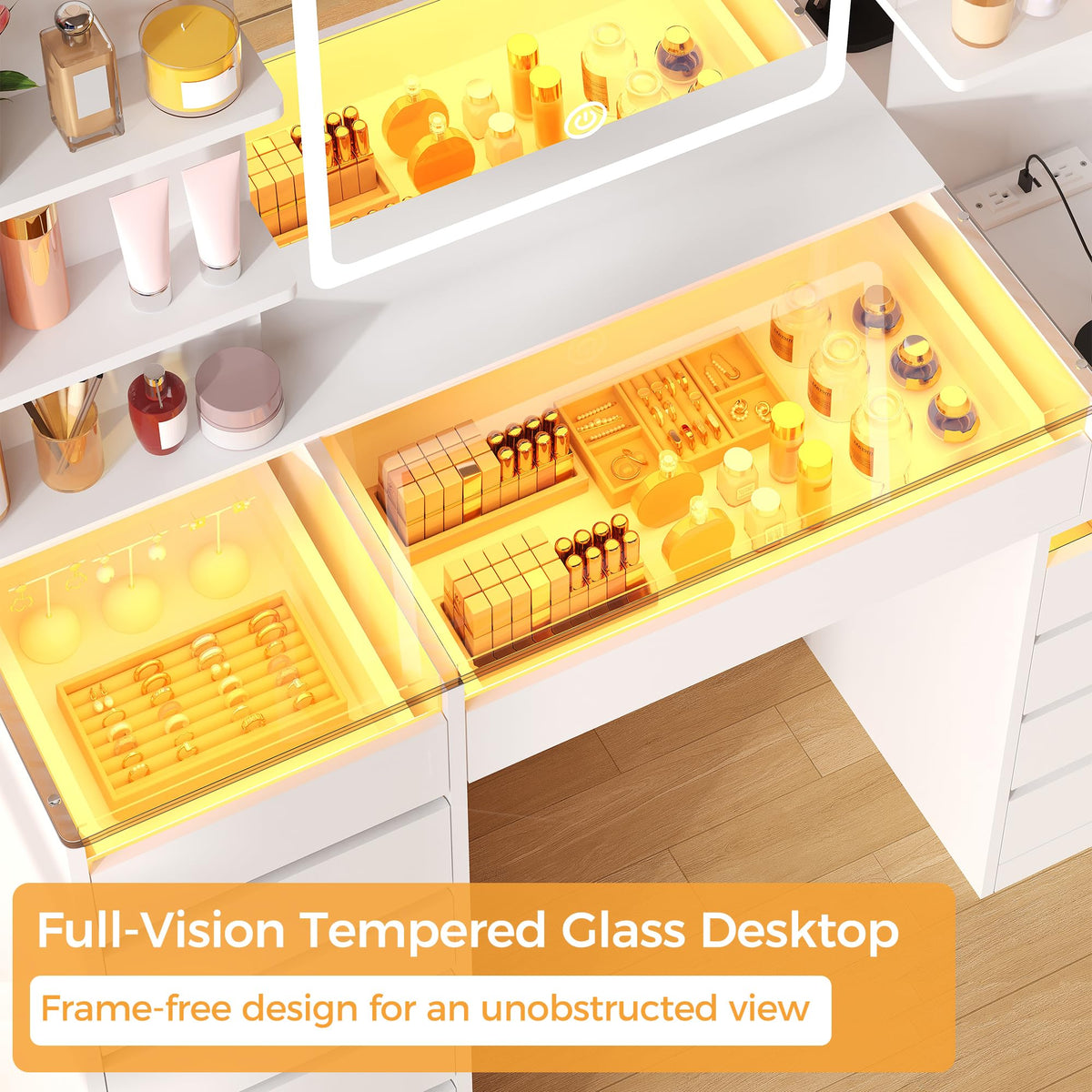 White Glass-Top Vanity with LED Mirror