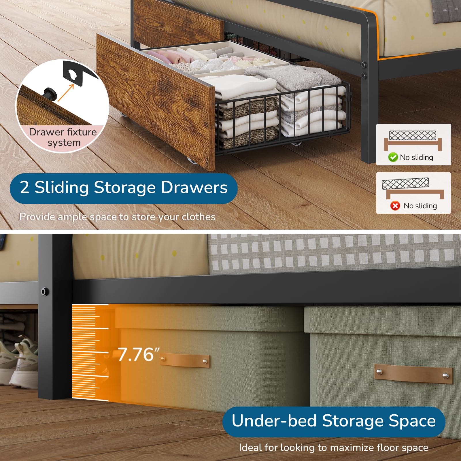 Twin Over Full Bunk Bed with Storage & LED Lights