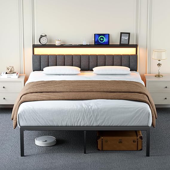Queen Bed Frame with LED Lights & Charging Station