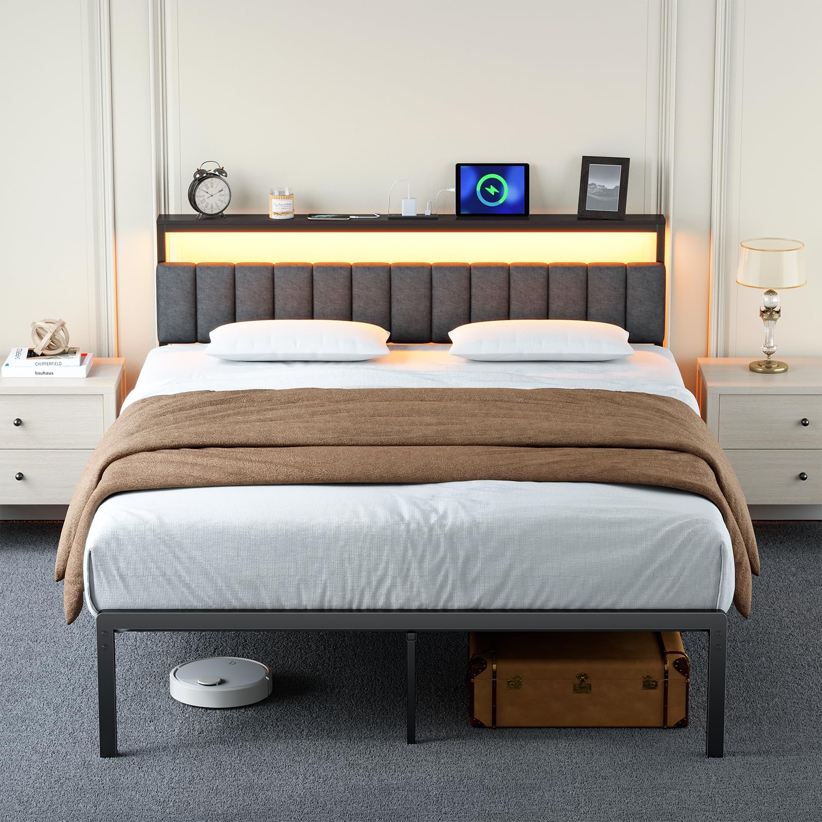 Woanke Queen Bed Frame no Box Spring Needed, Bed Queen Size with Headboard & Led Lights & Charging Station, Queen Metal Bed Frame, Queen Bed Frames Noise-Free/Assembly Easily, Black Bed Frame Queen