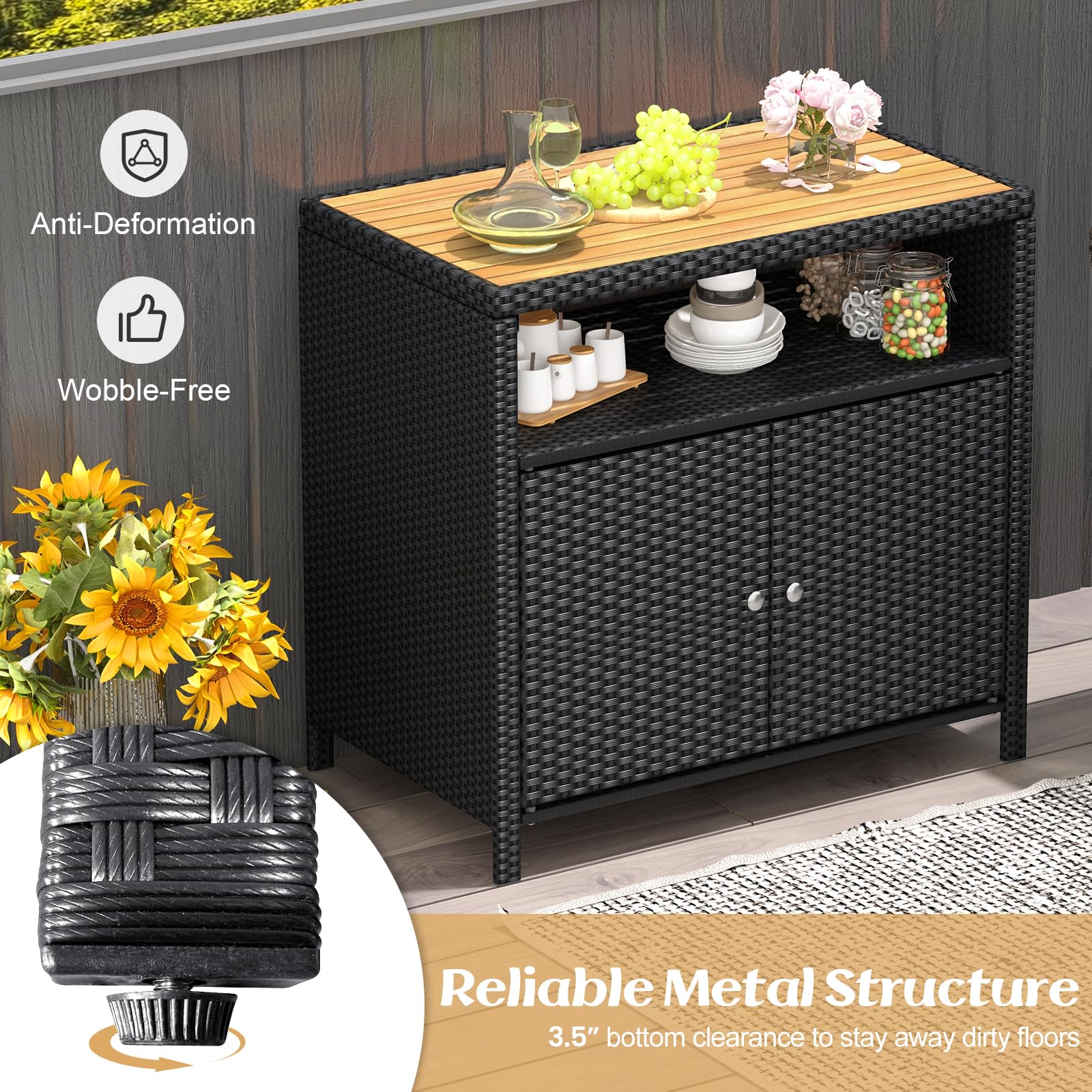 Rattan Outdoor Storage Cabinet with Acacia Wood Top