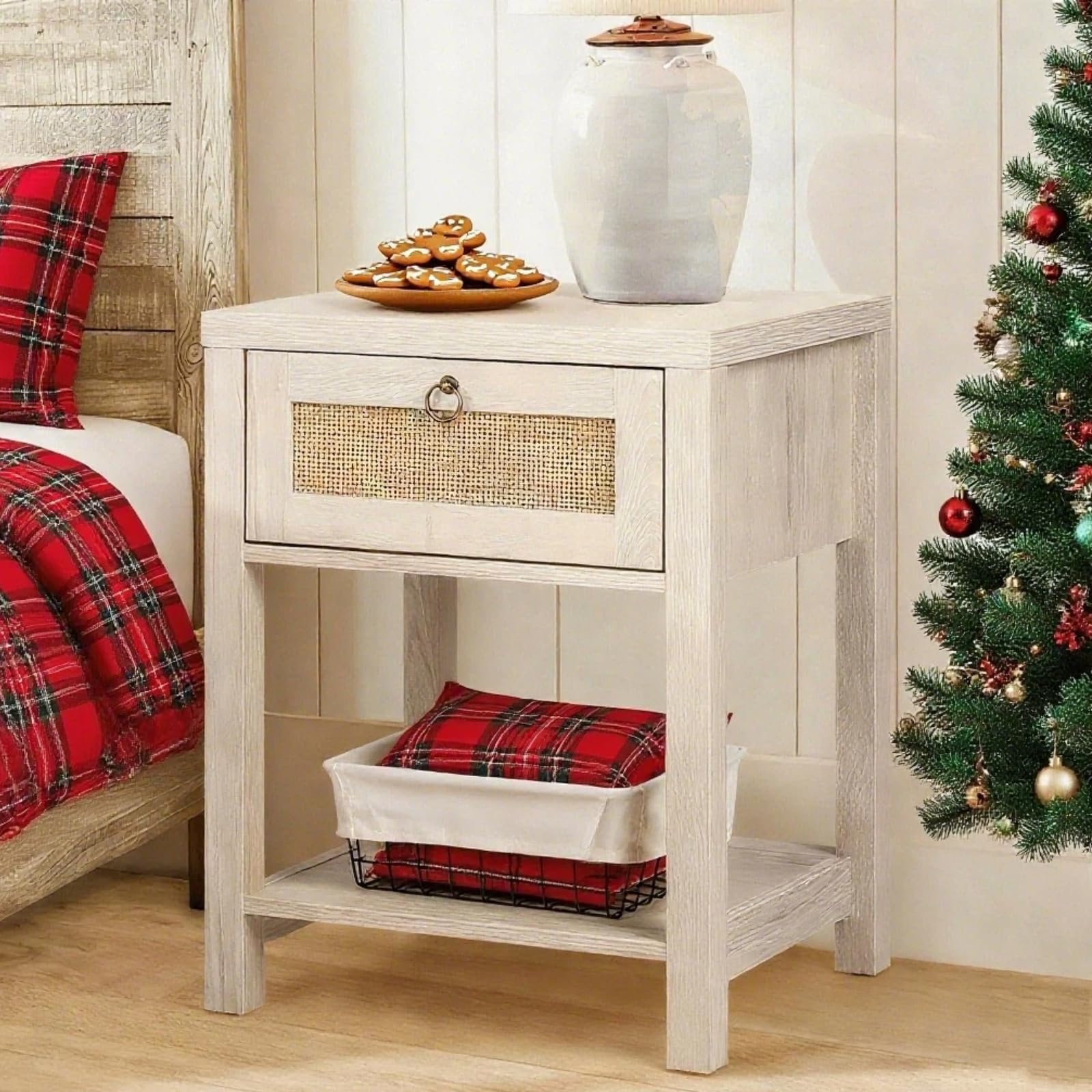 VOWNER Rattan Nightstands Set of 2 - Farmhouse Bedside Table Night Stand with Drawer and Storage Shelf, Boho End Side Table for Bedroom, Mesitas De Noche para Dormitorio, Light Oak