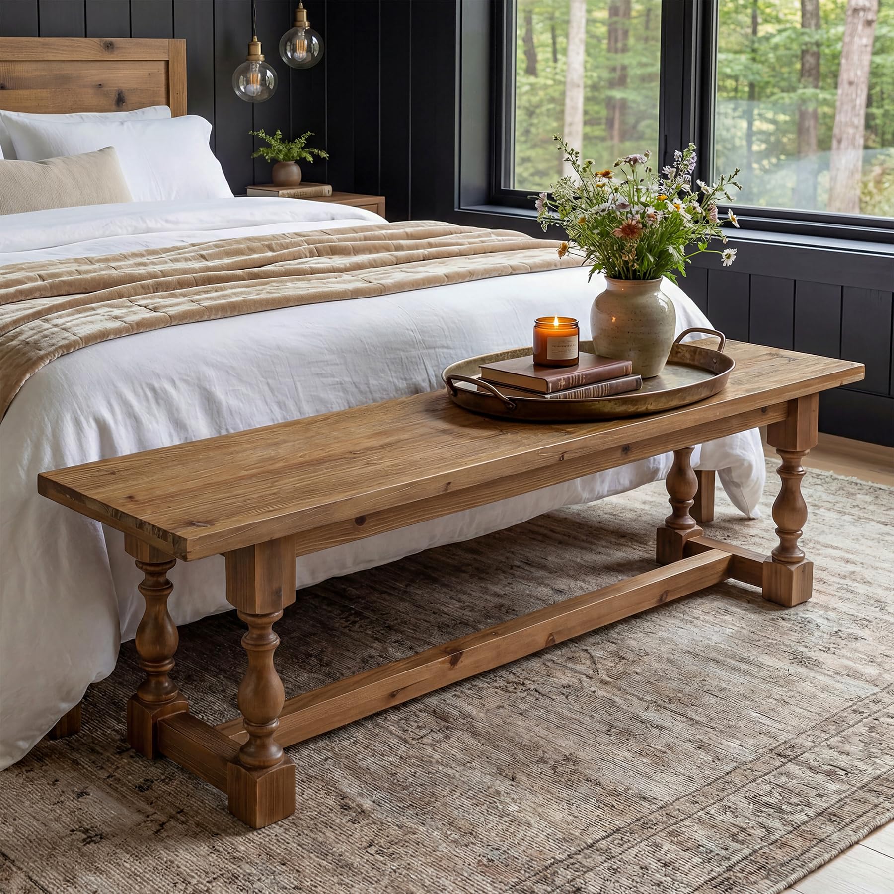 TRIBEWOOD Rustic Solid Wood Entryway Bench, 59.1" Long Farmhouse Dining Seat with Turned Legs, End of Bed Bench for Entryway, Dining Room, Bedroom, Holds Up to 300 lb, Easy Assembly, Natural Brown