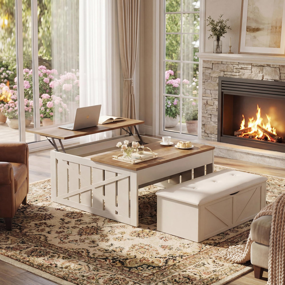 White Lift-Top Coffee Table with Storage Bench