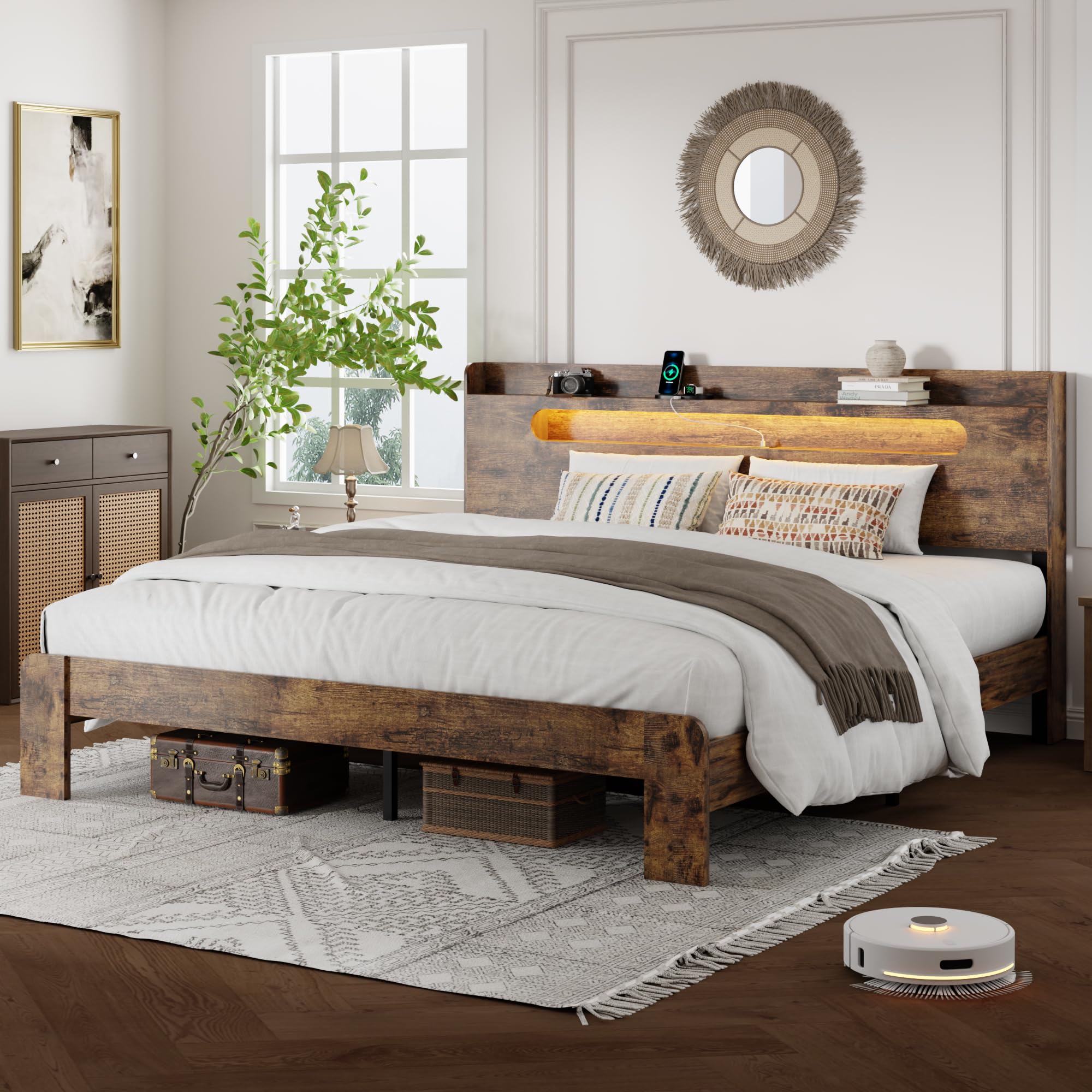 PAUKIN Queen Bed Frame, Queen Size Bed Frame with Storage Headboard, Platform Bed Frame with Charging Station and LED Lights, Sturdy Wooden Slats, No Mattress Required, No Noise，Brown