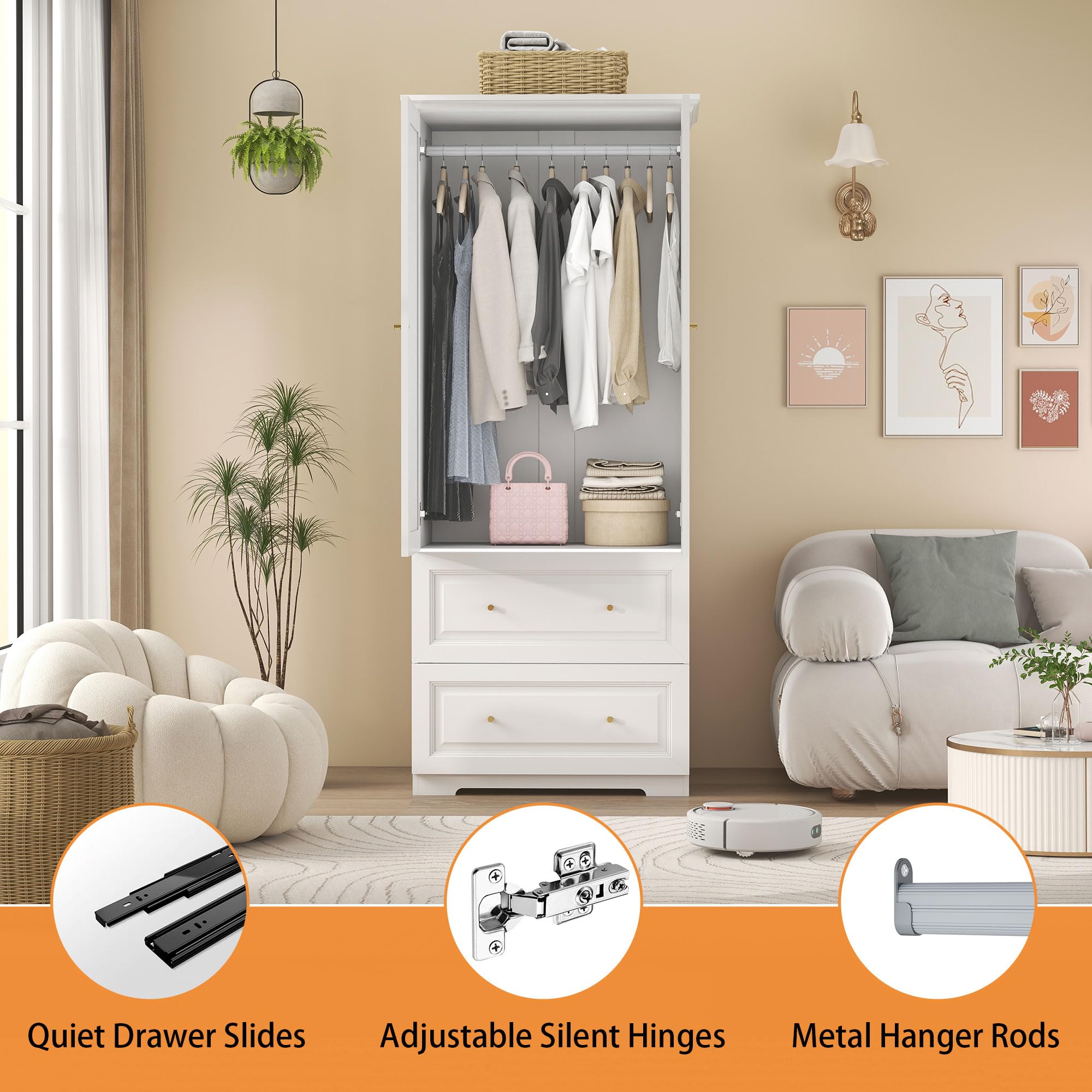 Mhsatyrs Armoire Wardrobe Closet with Drawers: Large White Wardrobe Closet with 2 Doors and 2 Drawers, Wooden Bedroom Armoires Storage Cabinet with Hanging Rod and Shelves (32")