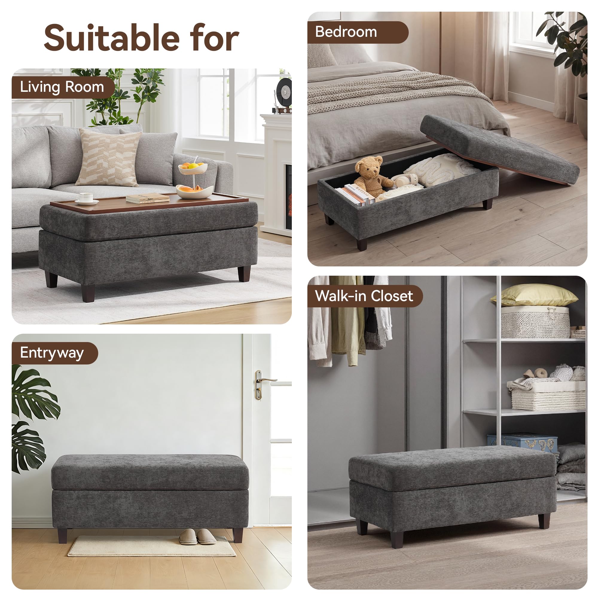 45 Inch Large Storage Ottoman Bench with Wooden Tray Coffee Table, Dark Grey Chenille Upholstered Foot Rest, Multifunctional Foot Stool Ottoman for Living Room, Bedroom & Entryway, Solid Wood Legs