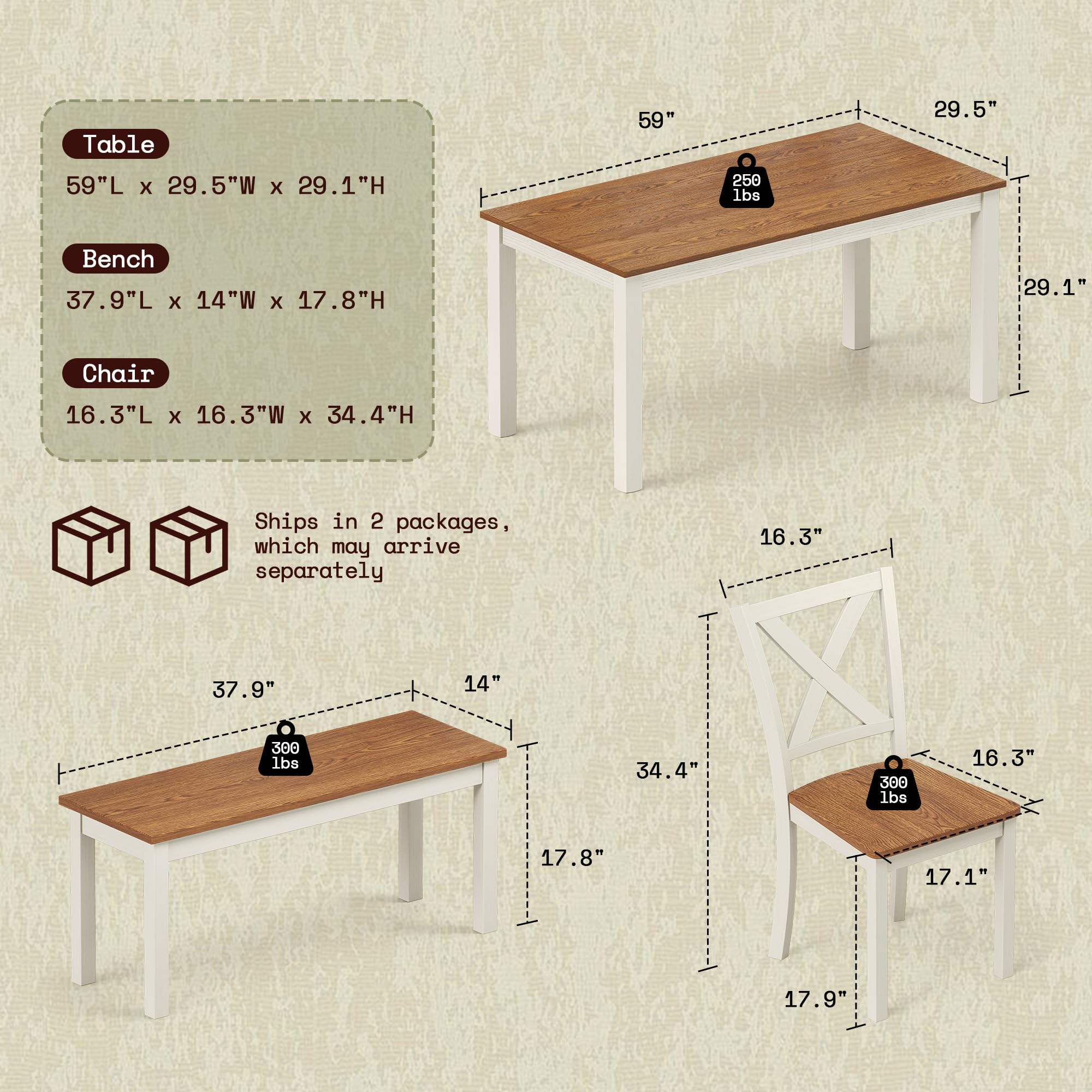 6-Piece Farmhouse Dining Table Set with Bench