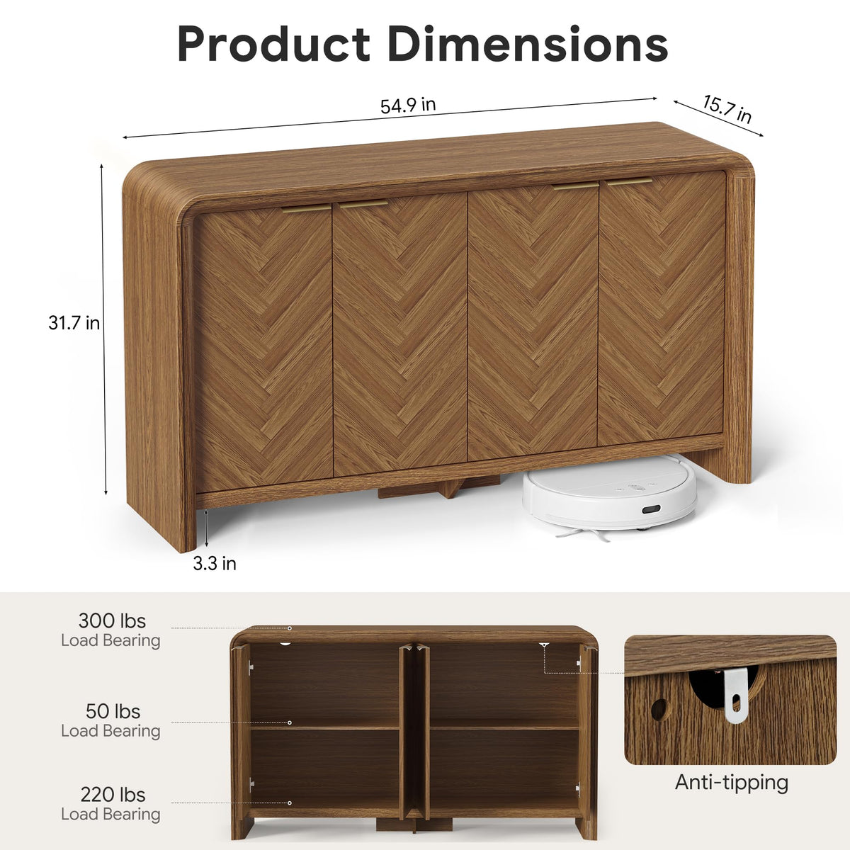 55" Buffet Cabinet with Storage, Herringbone Sideboard Cabinet, Walnut