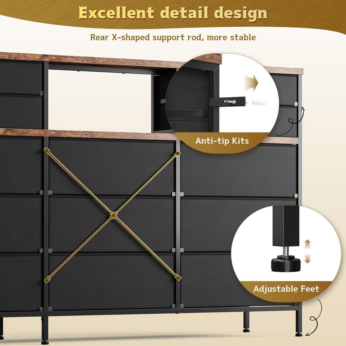 9-Drawer Fabric Dresser with Display Shelf