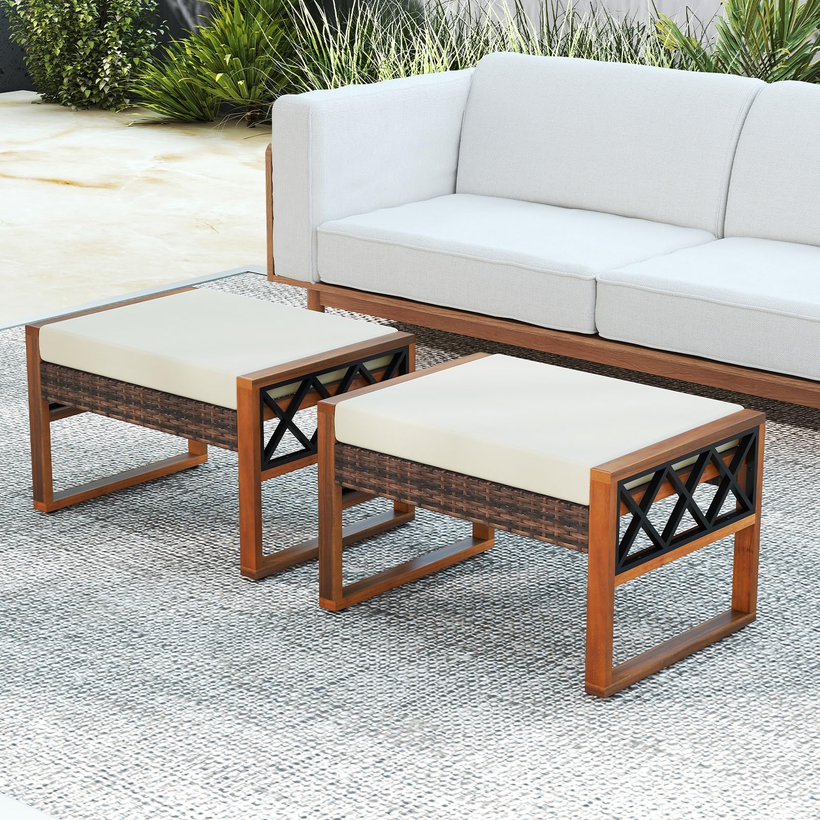 Wicker Outdoor Ottomans Set of 2