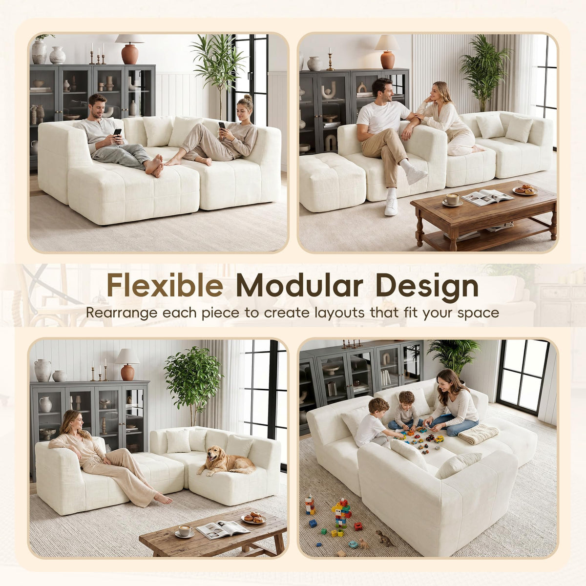 XVD 110" Boneless Couch, Modular Sectional Sofa with Deep Seat, Off White