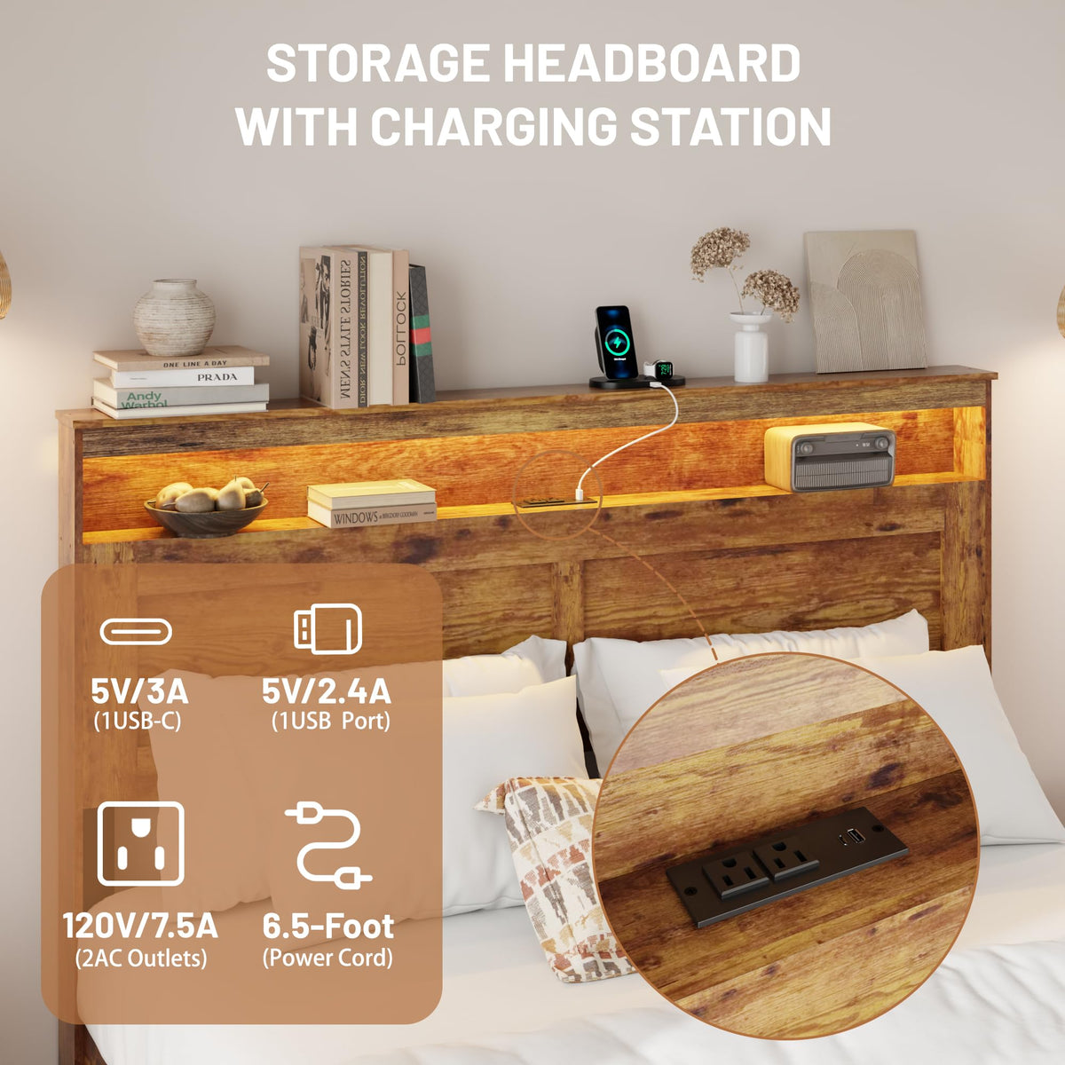 madeslves Wooden Bed Frame King Size with Storage Headboard, Brown