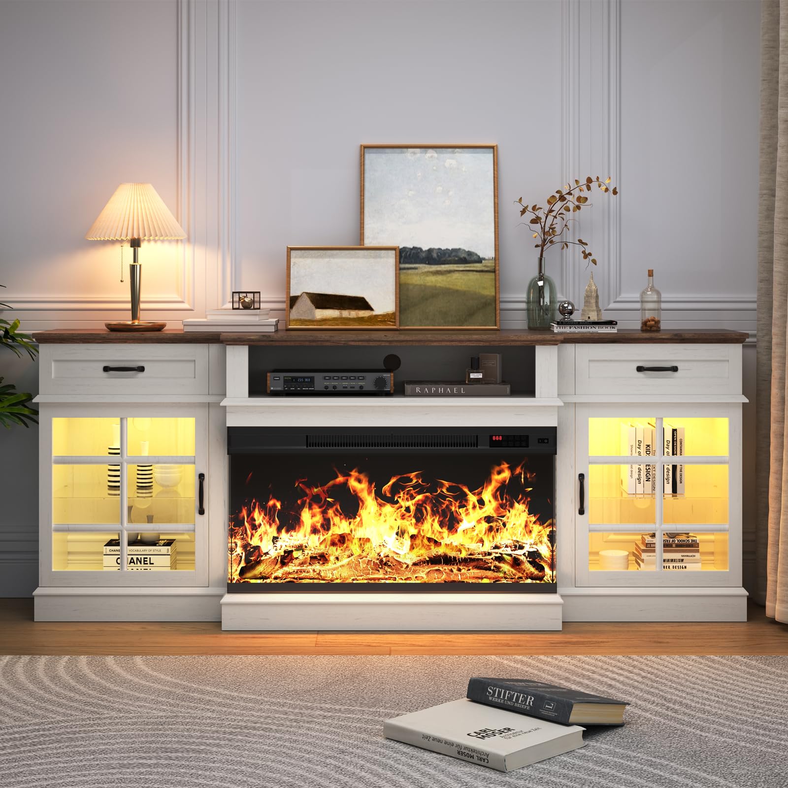 OneBlis 80" TV Stand with 36" Electric Fireplace, Entertainment Center Console Table for TV up to 90'', Fireplace TV Stand with Open Storage Shelves and Glass Door for Living Room, White