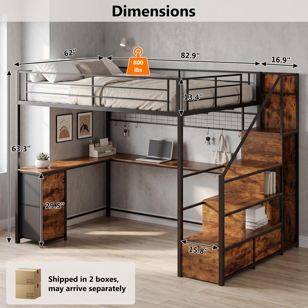 Queen Size Loft Bed with L-Shaped Desk and Storage Stairs, Rustic Brown