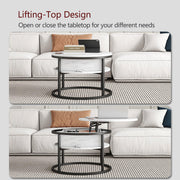 HOJINLINERO Round Coffee Table with Storage, Lift Top Coffee Table with Hidden Compartment, Farmhouse Juxing Design for Living Room, 2-Tier Small Round Dining Center, White