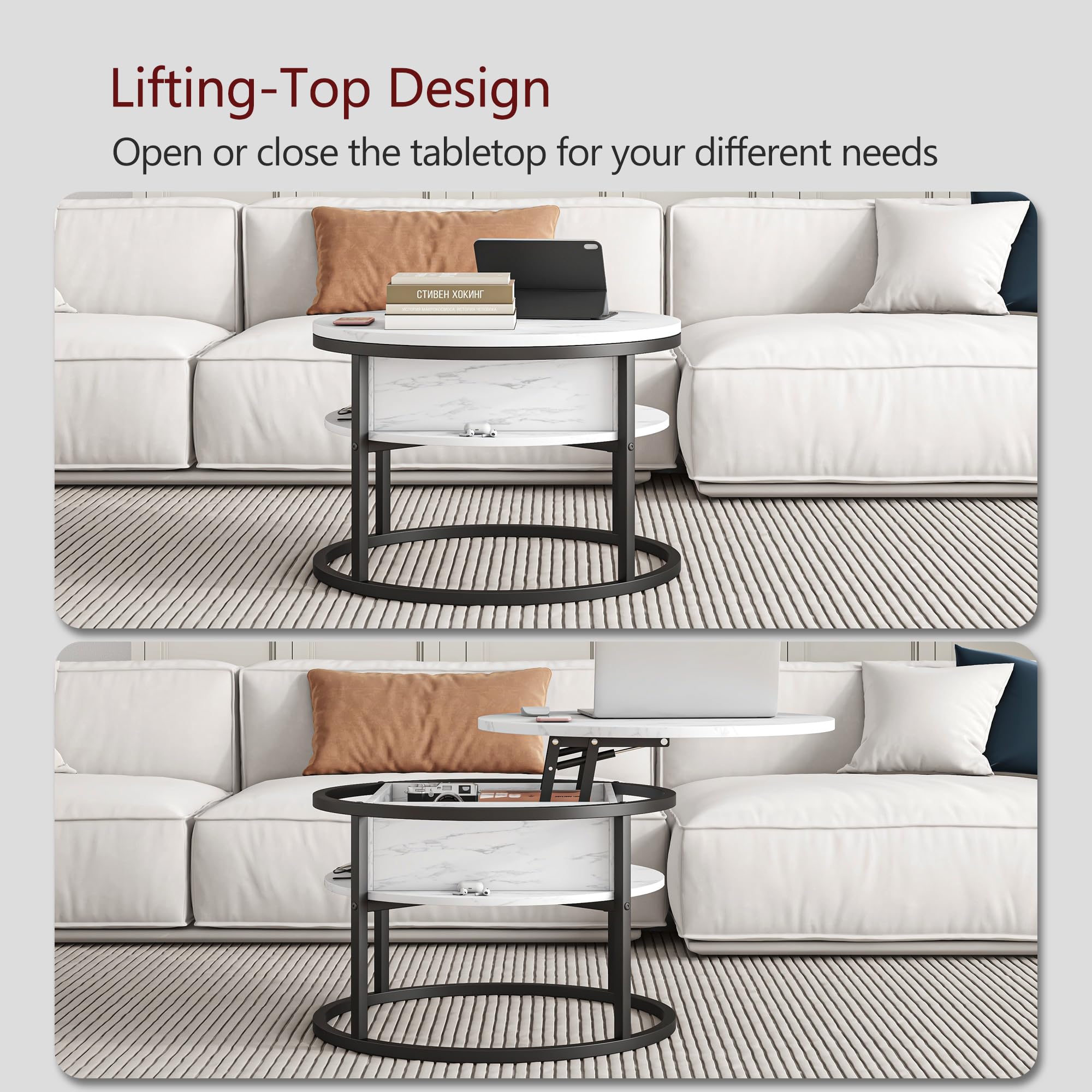 HOJINLINERO Round Coffee Table with Storage, Lift Top Coffee Table with Hidden Compartment, Farmhouse Juxing Design for Living Room, 2-Tier Small Round Dining Center, White
